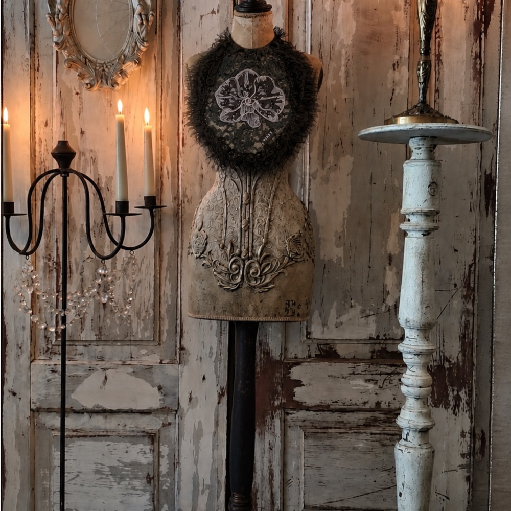 Shabby chic jabot with Embroidered Floral Accent